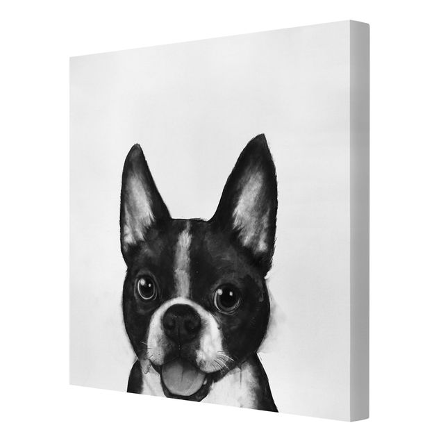 Wandbilder Kunstdrucke Illustration Hund Boston Schwarz Weiß Malerei