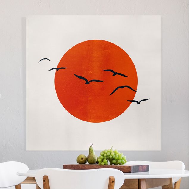 Wanddeko Küche Vogelschwarm vor roter Sonne I