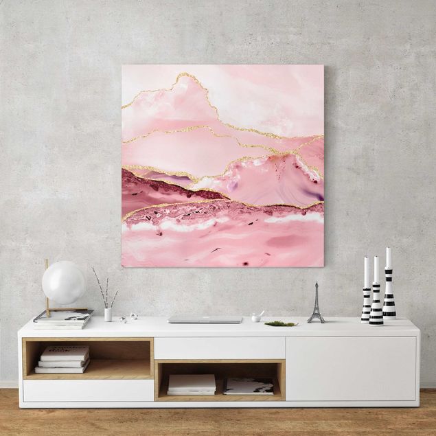 Leinwandbilder Steine Abstrakte Berge Rosa mit Goldenen Linien