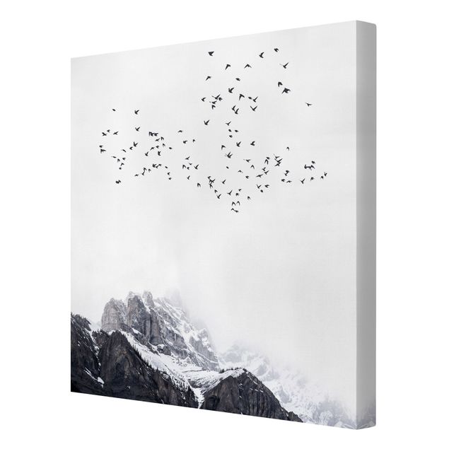 Kunstdrucke auf Leinwand Vogelschwarm vor Bergen Schwarz Weiß