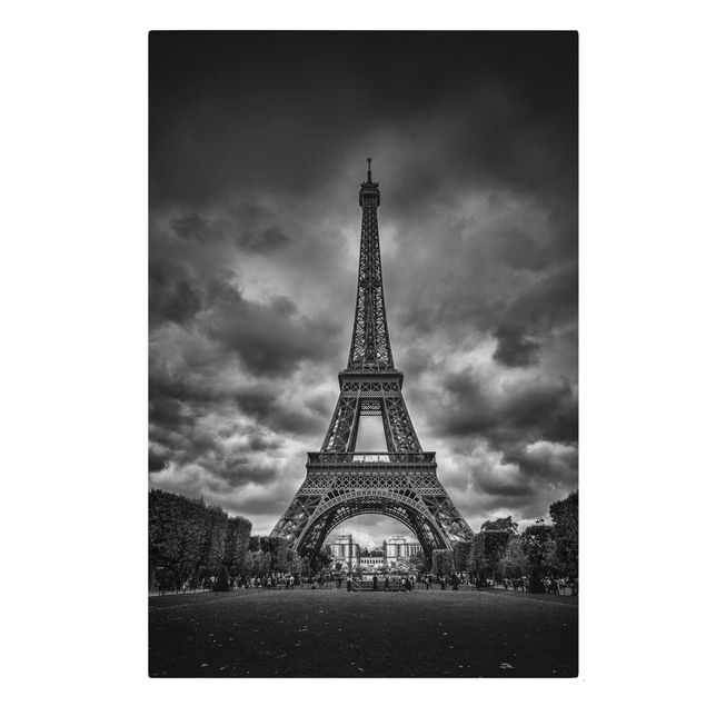 Skyline Leinwandbild Eiffelturm vor Wolken schwarz-weiß