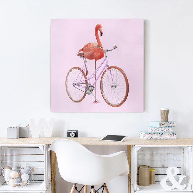 Leinwand Vögel Flamingo mit Fahrrad