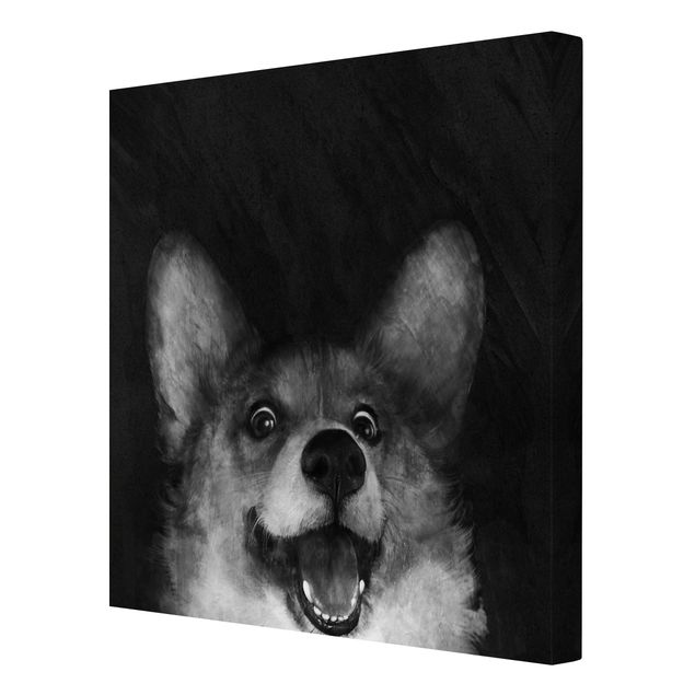 Wandbilder Kunstdrucke Illustration Hund Corgi Malerei Schwarz Weiß