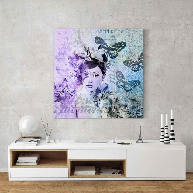 Wandbilder Schmetterlinge Shabby Chic Collage - Portrait mit Schmetterlingen