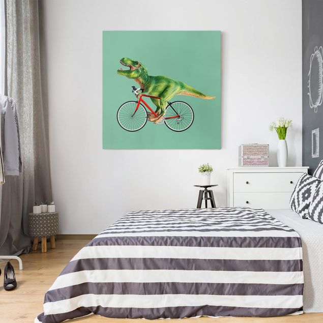 Kunstdrucke auf Leinwand Dinosaurier mit Fahrrad