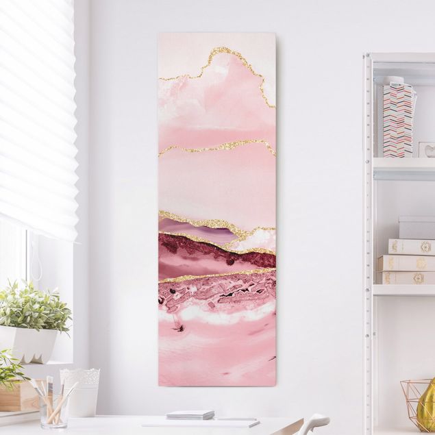 Wanddeko Küche Abstrakte Berge Rosa mit Goldenen Linien