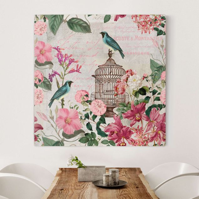 Küchen Deko Shabby Chic Collage - Rosa Blüten und blaue Vögel