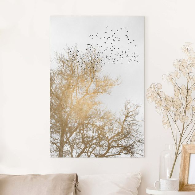Küche Dekoration Vogelschwarm vor goldenem Baum