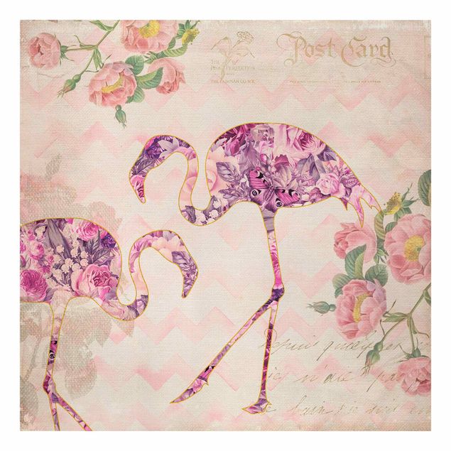 Wandbilder Schmetterlinge Vintage Collage - Rosa Blüten Flamingos