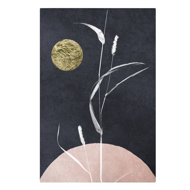 Wandbilder Blumen Goldener Mond mit Schilf