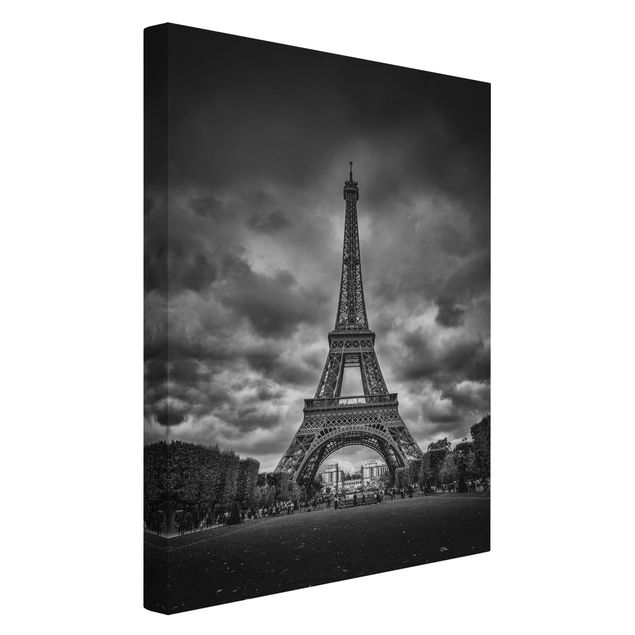 Leinwand schwarz-weiß Eiffelturm vor Wolken schwarz-weiß