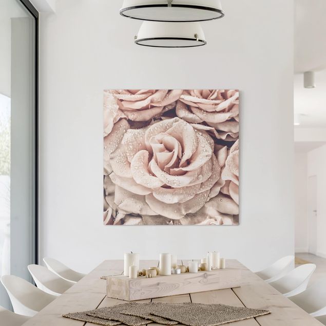 Blumenbilder auf Leinwand Rosen Sepia mit Wassertropfen