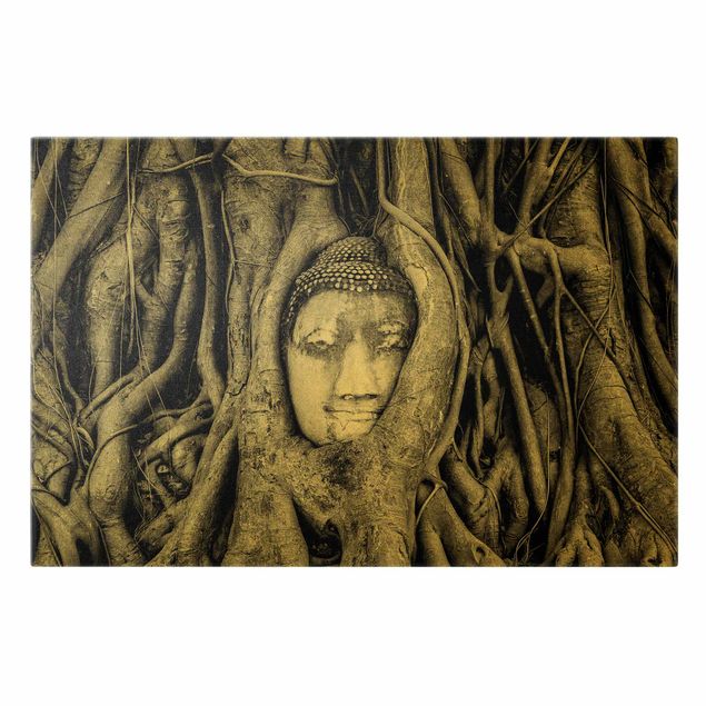 Bilder Buddha in Ayuttaya von Baumwurzeln gesäumt in Schwarzweiß