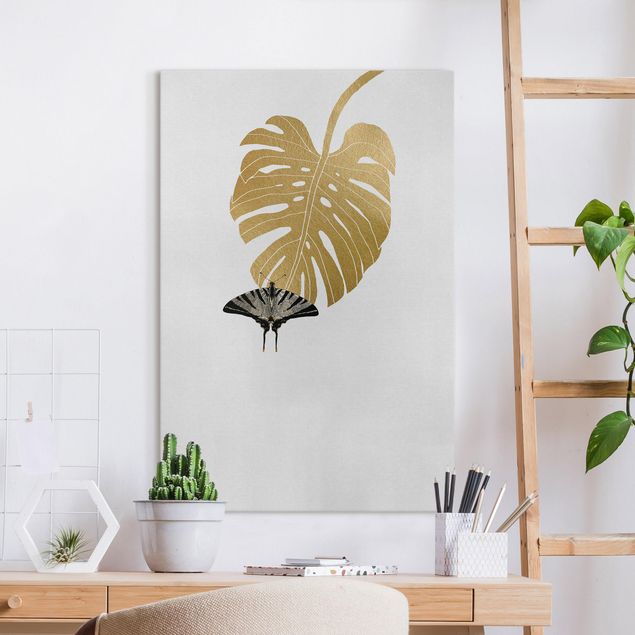Wanddeko Küche Goldene Monstera mit Schmetterling