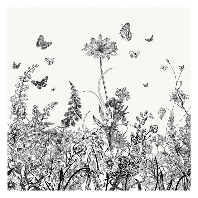 Fototapete Große Blumen mit Schmetterlingen in Schwarz