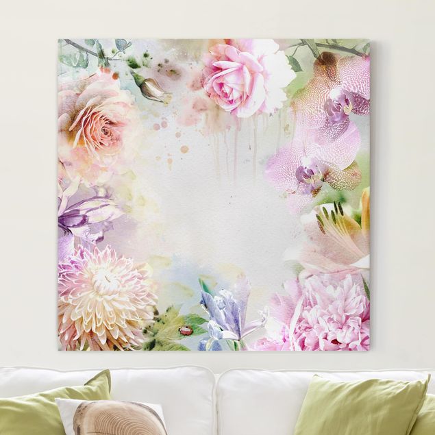 Rosen Bilder auf Leinwand Aquarell Blütenmix Pastell