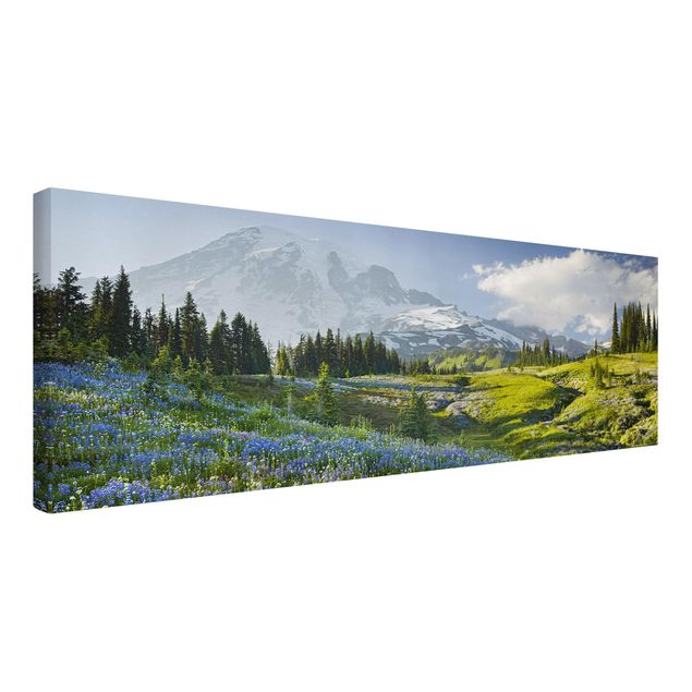 Wandbilder Berge Bergwiese mit blauen Blumen vor Mt. Rainier