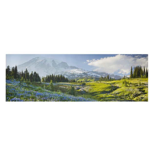 Wandbilder Landschaften Bergwiese mit blauen Blumen vor Mt. Rainier