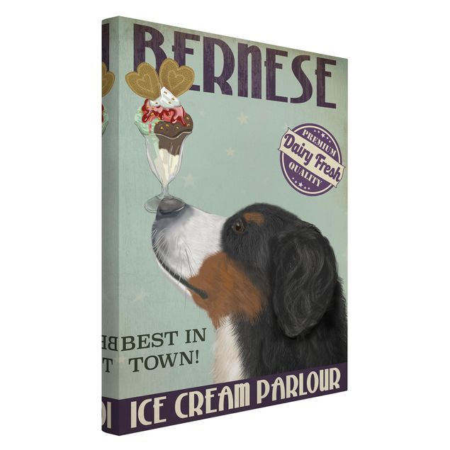 Leinwandbild mit Spruch Berner Sennenhund mit Eis