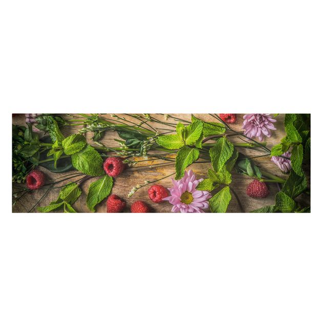 Leinwandbilder Obst Blumen Himbeeren Minze