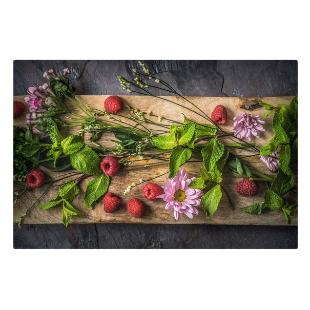 Leinwandbilder Gemüse & Obst Blumen Himbeeren Minze