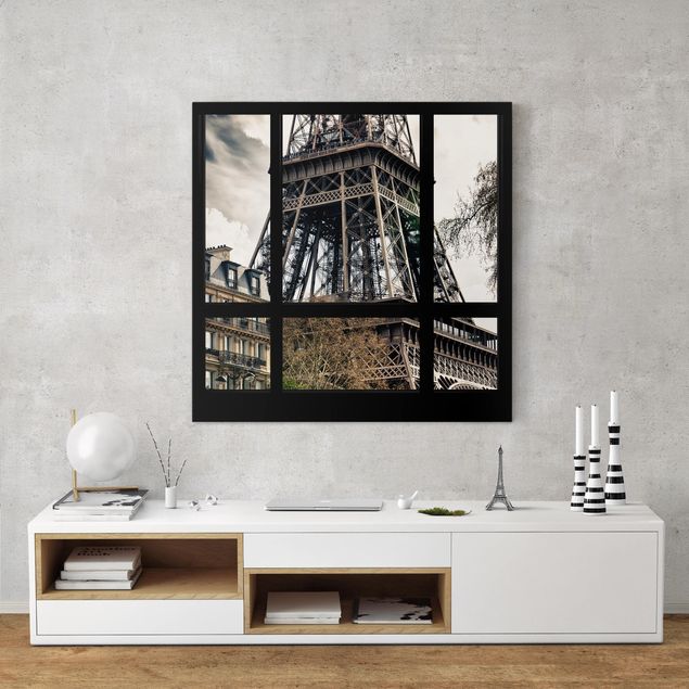 Paris Leinwand Fensterausblick Paris - Nahe am Eiffelturm schwarz weiß