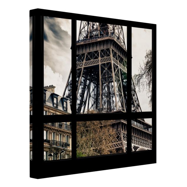 schwarz-weiß Bilder auf Leinwand Fensterausblick Paris - Nahe am Eiffelturm schwarz weiß