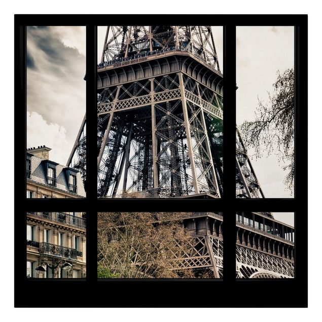 Skyline Leinwand Fensterausblick Paris - Nahe am Eiffelturm schwarz weiss