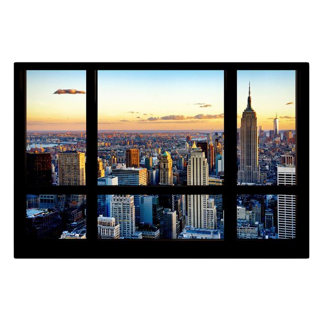 Skyline Leinwandbild Fensterausblick - Sonnenaufgang New York
