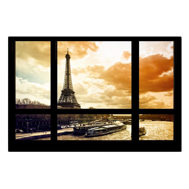 Skyline Leinwandbild Fensterblick - Paris Eiffelturm Sonnenuntergang