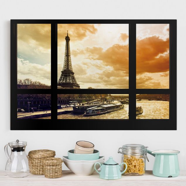 Wanddeko Küche Fensterblick - Paris Eiffelturm Sonnenuntergang
