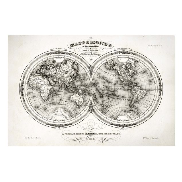 Wandbilder Schwarz-Weiß Französische Karte der Hemissphären von 1848