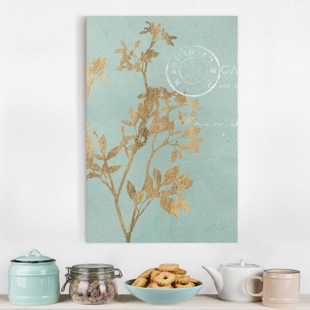 Küche Dekoration Goldene Blätter auf Turquoise I