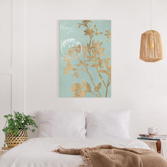 Wandbilder Floral Goldene Blätter auf Turquoise II