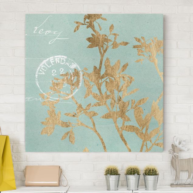 Blumenbilder auf Leinwand Goldene Blätter auf Turquoise II