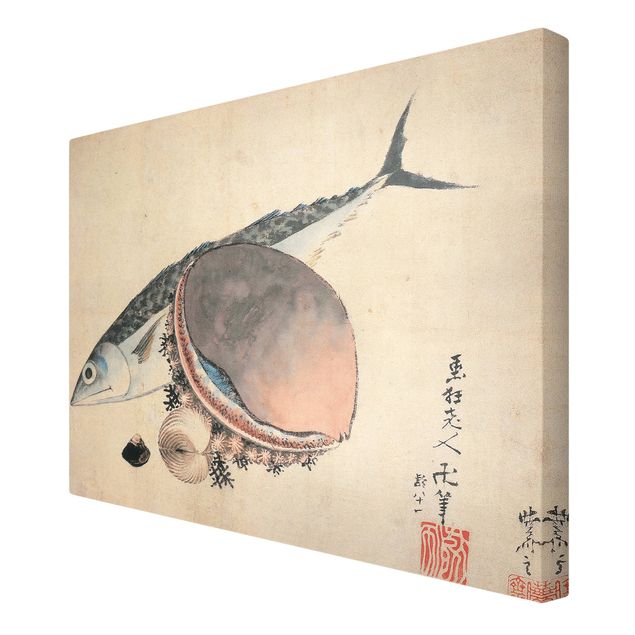 Leinwand Kunst Katsushika Hokusai - Makrele und Seemuscheln