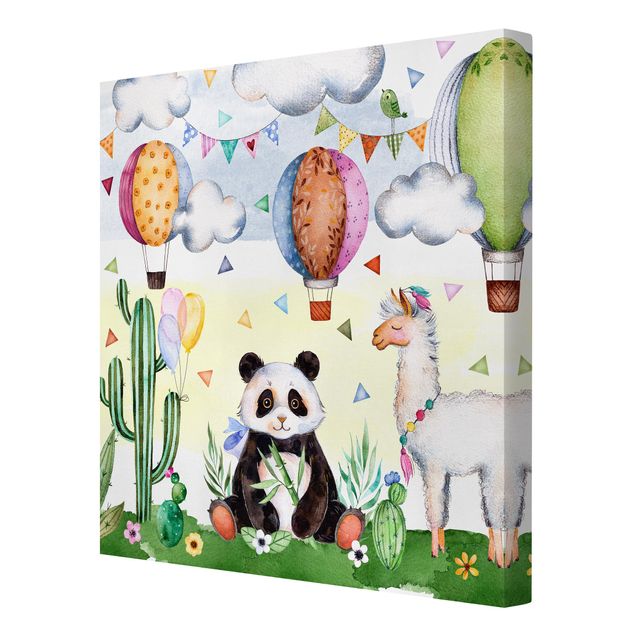 Wandbilder Grün Panda und Lama Aquarell