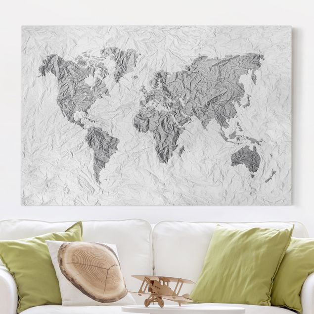 schwarz-weiß Bilder auf Leinwand Papier Weltkarte Weiß Grau
