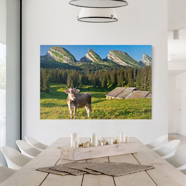 Wandbilder Schweiz Schweizer Almwiese mit Kuh