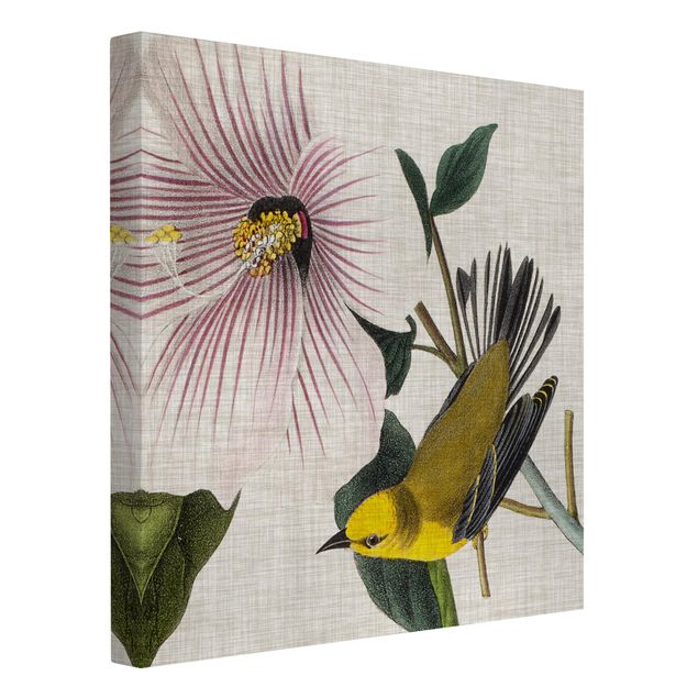 Wandbilder Floral Vogel auf Leinen Gelb I