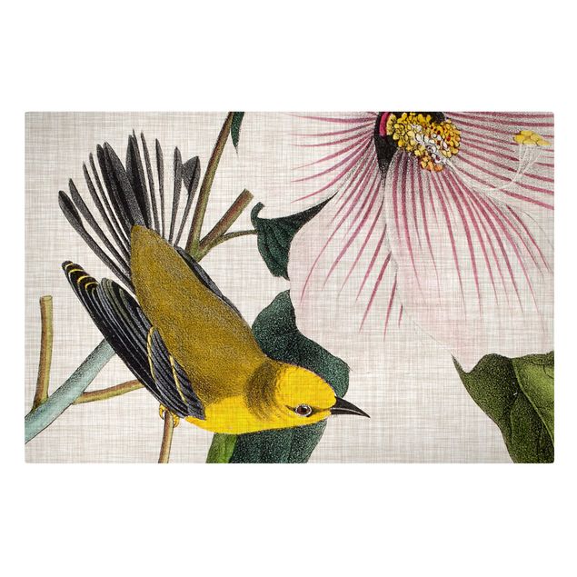 Wandbilder Blumen Vogel auf Leinen Gelb I