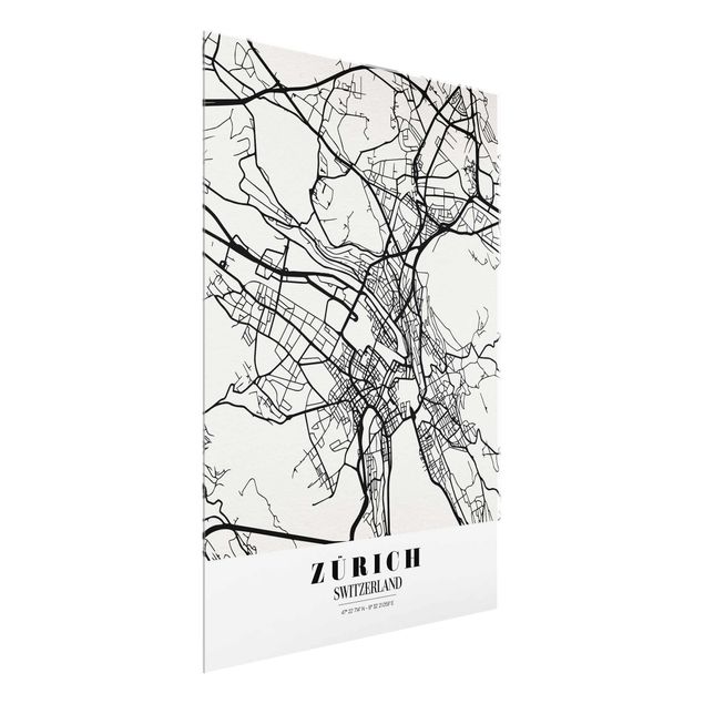 Glasbilder Weltkarten Stadtplan Zürich - Klassik