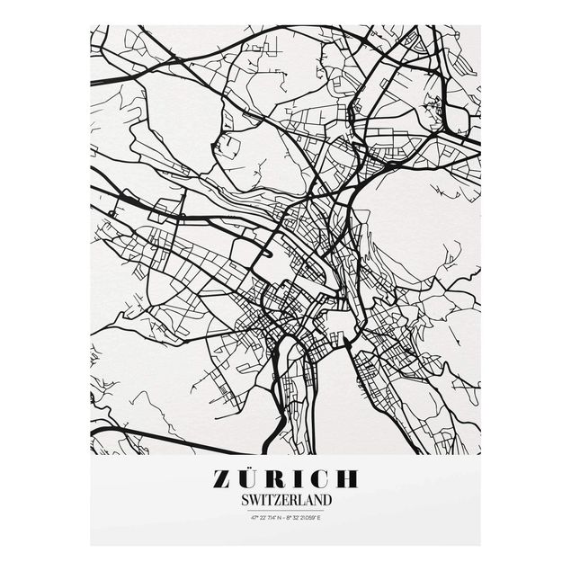 Wandbilder Schwarz-Weiß Stadtplan Zürich - Klassik