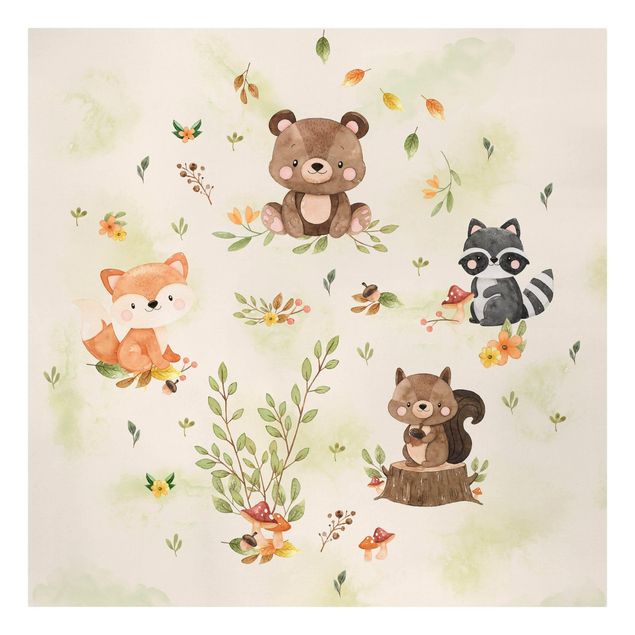 Leinwand Natur Waldtiere Herbst Fuchs Bär Eichhörnchen Waschbär