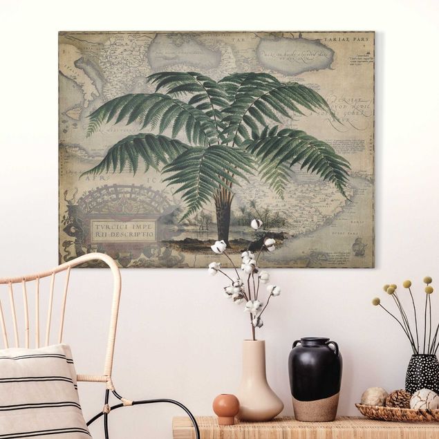 Wanddeko Küche Vintage Collage - Palme und Weltkarte