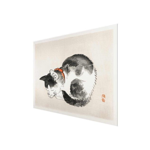 Wandbilder Schwarz-Weiß Asiatische Vintage Zeichnung Schlafende Katze