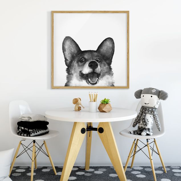 schwarz-weiß Bilder mit Rahmen Illustration Hund Corgi Weiß Schwarz Malerei