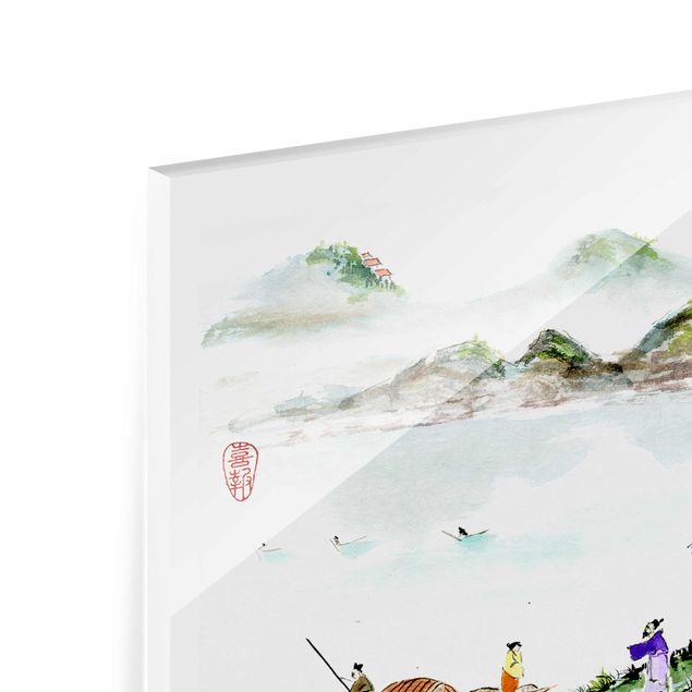 Wandbilder Retro Japanische Aquarell Zeichnung See und Berge