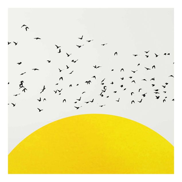 Glasbilder Tiere Vogelschwarm vor gelber Sonne