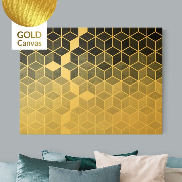 Leinwandbilder Muster Goldene Geometrie - Blau Weiß